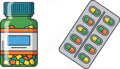 Colorful pill bottle and blister pack isolated on white background
