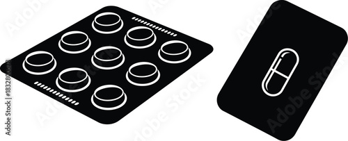 Black and white illustration of pill blister pack and single capsule