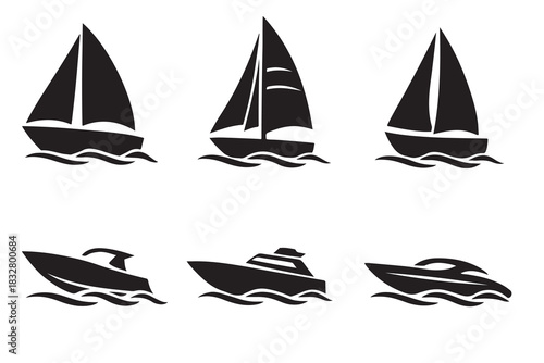 Set of Six Black Silhouettes of Sailboats and Motorboats