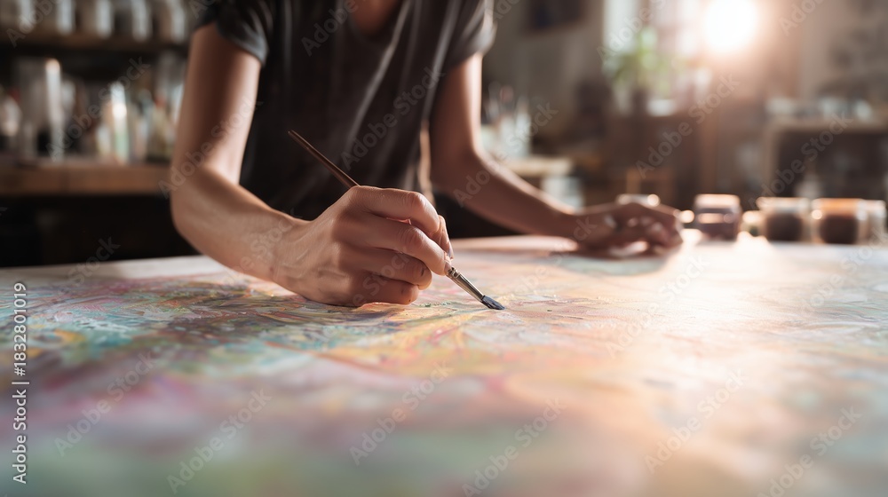 Obraz premium Artist creating a colorful painting in a cozy workspace during daylight hours