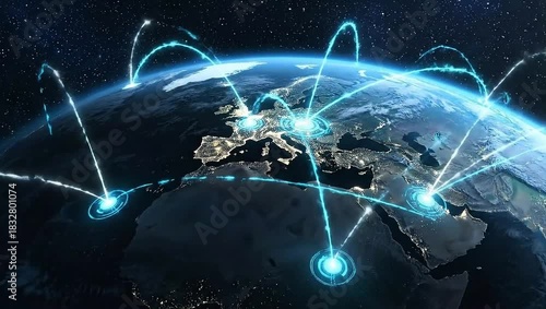 Futuristic Earth with Global Data Connections – Digital Network Visualization

