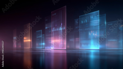 Dark holographic environment with glowing pastel lines and floating data dashboard. Business intelligence, finance, big data analysis, technology, futuristic UI