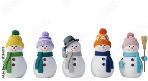 Collection of five colorful cute snowman figurines isolated on white background