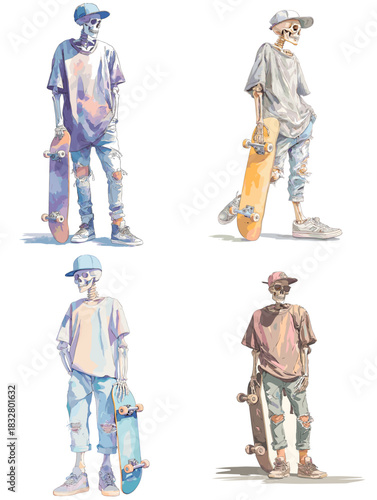 Stylish skeleton skateboarder wearing loose streetwear and holding a skateboard. Urban youth themed illustration showing relaxed attitude, creativity and modern skate culture.