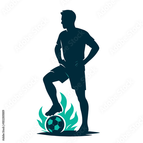 Soccer Player Standing with Foot on Fiery Ball Silhouette