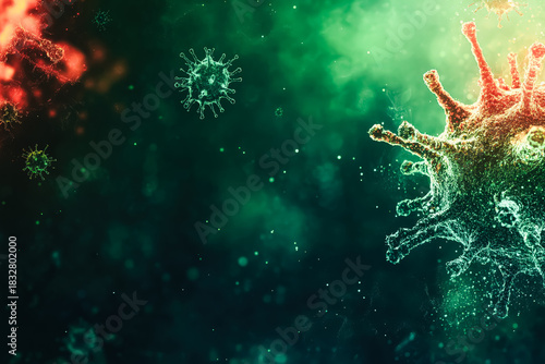 Intricate virus background featuring colorful microscopic organisms, highlighting textures and vibrant hues, creating a captivating visual with ample copy space
