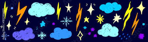 Crayon textures bring star glows and cloud outlines to life, paired with delicate snowflake elements. Cloud shapes, star points and crayon snowflake strokes form a vivid hand drawn look.