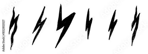 Hand drawn lightning elements with chalk texture create bold thunder accents, forming a dynamic icon set. Lightning marks mix with chalk strokes and sharp thunder icon vibes.