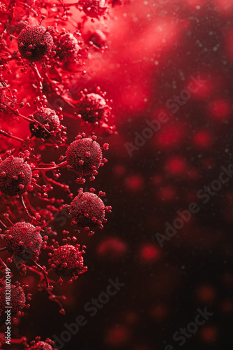Close-up view of red virus particles against a dark backdrop, highlighting their unique textures and shapes, with ample copy space for informative text or graphics