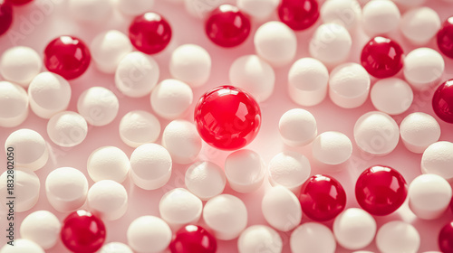 Scattered red and white vitamin capsules on a soft pink surface, emphasizing the role of vitamin B12 in supporting the body during illness and promoting overall wellness