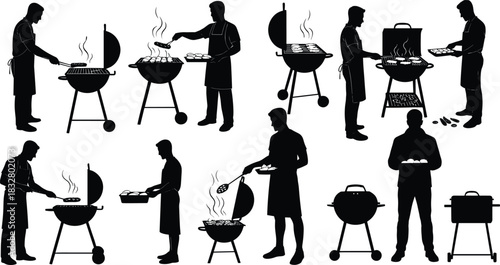 Grilling silhouette series—black vector of ten people cooking on kettle, barrel, and rectangular grills with smoke