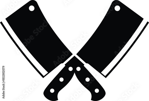 Crossed meat cleavers emblem—black and white vector of butcher knives with rivets and blade holes