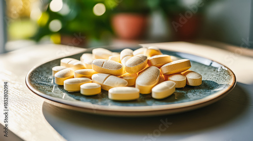 A variety of Vitamin B supplements displayed on a textured plate, highlighting their vibrant colors and shapes, promoting health and wellness during illness