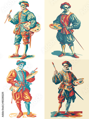 Colorful illustration of a skeleton painter dressed in Renaissance clothing holding a palette and brush. Classic artistic character symbolizing creativity, craft, and traditional fine art.
