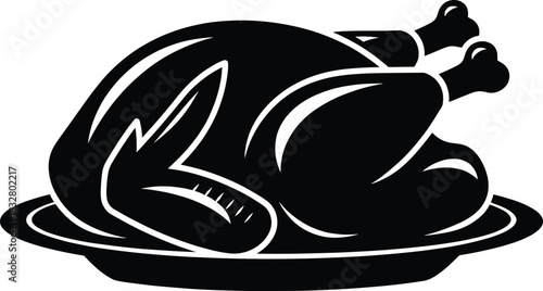 Roasted poultry silhouette—black and white vector of turkey or chicken on platter with upward legs