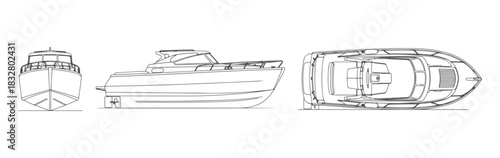 CAD Drawings. Boat — front view, side view, and top view isolated on white background. Vector illustration.