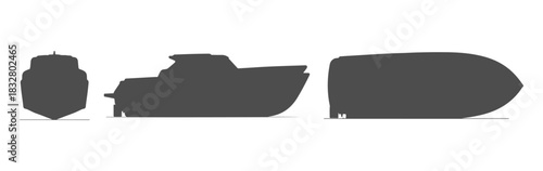 CAD Drawings. Boat silhouette — front view, side view, and top view isolated on white background. Vector illustration.
