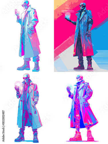 Neon cyberpunk skeleton wearing a long coat and holding a glowing energy sphere. Futuristic sci fi character with bold vibrant colors, edgy attitude and modern digital style.