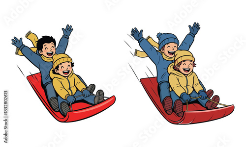 Joyful tobogganing duo