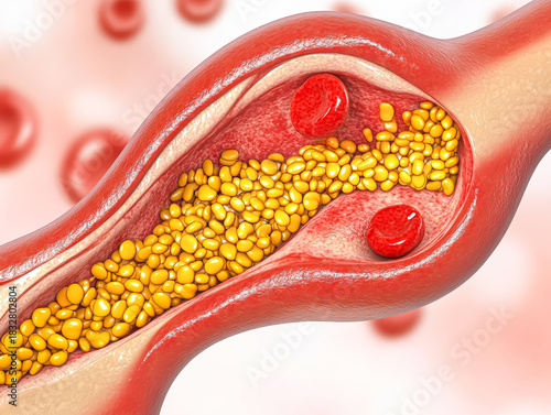 This digital illustration highlights an artery with cholesterol buildup, emphasizing the effects of cardiovascular disease on blood circulation and health
