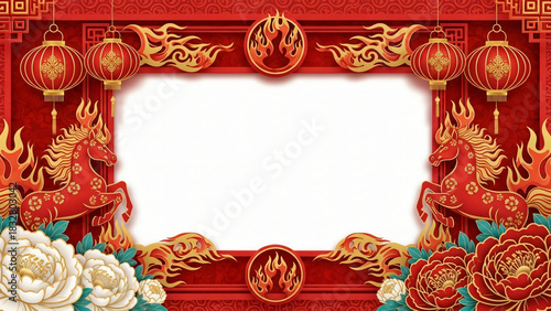 vibrant red and gold Chinese New Year frame with fire horse motifs