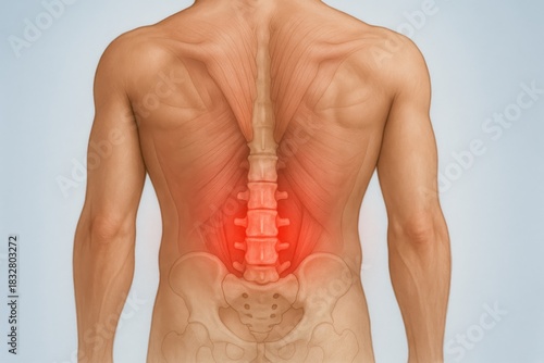 Medical anatomy illustration of lower back showing lumbar vertebrae L3 L5 with paraspinal muscles and sacrum, acute lumbar strain and nonspecific low back pain lumbago causing discomfort and stiffness