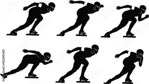 Speed skaters in action, dynamic silhouettes showing power and agility on the ice track, ideal for sports branding and athletic campaigns