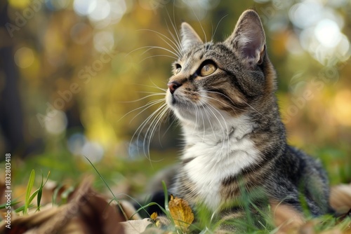 Wallpaper Mural European shorthair cat lying in autumn leaves and grass, enjoying the warm golden sunlight Torontodigital.ca