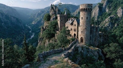 Imposing medieval castle exterior on a rugged mountain peak weather-beaten stone wispy clouds cinematic wide-angle shot