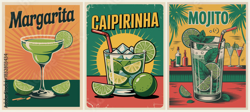 Retro-style triptych featuring Margarita, Caipirinha, and Mojito cocktails with bold typography, tropical garnishes, sunburst backgrounds, and vibrant orange, red, yellow, and green tones