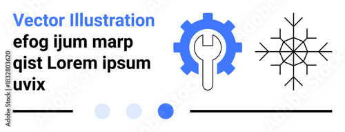 Gear with wrench and snowflake highlights service, repair, efficiency, and seasonal preparation. Ideal for technology, industrial processes, cold climate logistics, maintenance, engineering weather