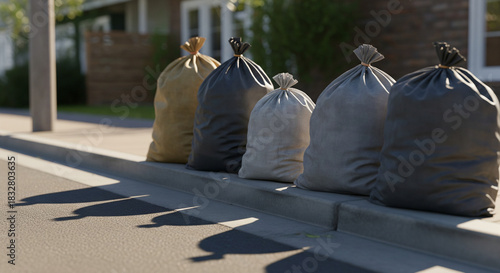 Waste Collection along a Sidewalk: An organized line of robust trash bags, neatly arranged alongside a sidewalk, patiently await collection.