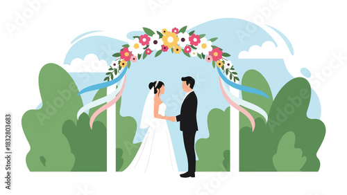 Modern flat wedding illustration of a bride and groom standing under a decorated floral arch holding hands, ideal for romantic invitations, celebration prints, and love themes