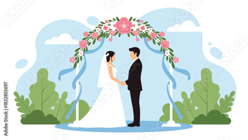 Modern flat wedding illustration of a bride and groom standing under a decorated floral arch holding hands, ideal for romantic invitations, celebration prints, and love themes