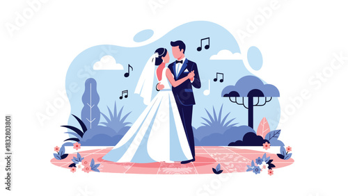 Flat vector illustration of a bride and groom sharing their first dance at the reception, perfect for romantic event design, celebration graphics, and storytelling visuals