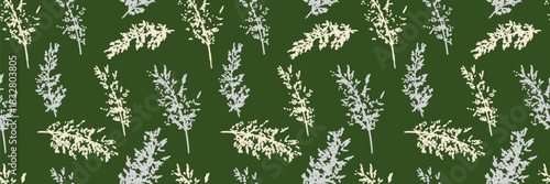 Seamless vector pattern with scattered botanical stems in soft cream and pale gray tones over a deep green background, creating a natural, elegant and organic decorative design