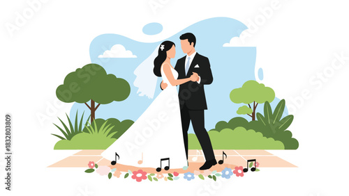Flat vector illustration of a bride and groom sharing their first dance at the reception, perfect for romantic event design, celebration graphics, and storytelling visuals