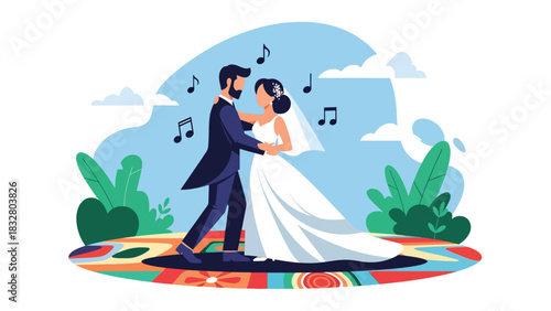 Flat vector illustration of a bride and groom sharing their first dance at the reception, perfect for romantic event design, celebration graphics, and storytelling visuals