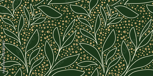 Seamless vector botanical pattern with outlined organic leaves and hand drawn dotted texture in warm beige on a deep green background. Elegant natural design perfect for textiles, decor and prints