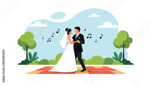 Flat vector illustration of a bride and groom sharing their first dance at the reception, perfect for romantic event design, celebration graphics, and storytelling visuals