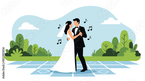 Flat vector illustration of a bride and groom sharing their first dance at the reception, perfect for romantic event design, celebration graphics, and storytelling visuals