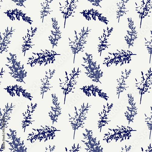 Seamless vector pattern featuring scattered botanical stems in deep navy and soft blue tones on a light background, creating a clean, elegant and nature inspired decorative design