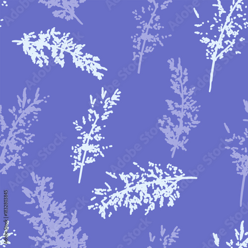 Seamless vector pattern with scattered botanical stems in soft lavender and pale lilac tones on a violet background, creating a gentle, airy and elegant nature inspired decorative design