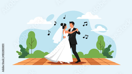 Flat vector illustration of a bride and groom sharing their first dance at the reception, perfect for romantic event design, celebration graphics, and storytelling visuals