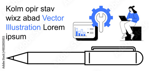 Analytics, productivity, working remotely, education, technology, problem-solving. A chart, wrench icon pen and woman using a laptop featured. Analytics and productivity concept