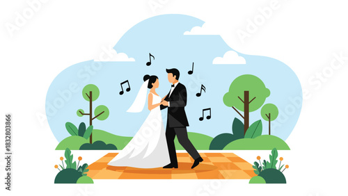 Flat vector illustration of a bride and groom sharing their first dance at the reception, perfect for romantic event design, celebration graphics, and storytelling visuals
