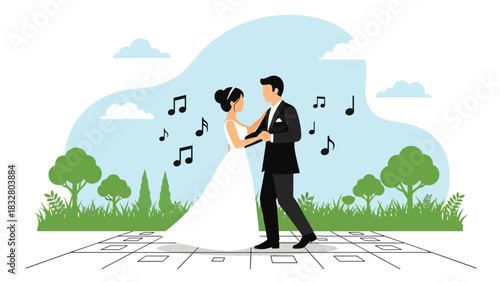 Flat vector illustration of a bride and groom sharing their first dance at the reception, perfect for romantic event design, celebration graphics, and storytelling visuals