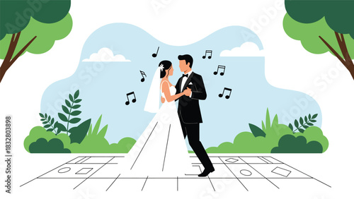 Flat vector illustration of a bride and groom sharing their first dance at the reception, perfect for romantic event design, celebration graphics, and storytelling visuals