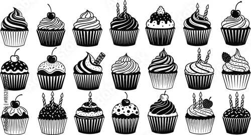 Vintage Style Hand-Drawn Cupcakes Collection