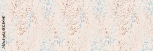 Seamless vector pattern with delicate abstract botanical stems in soft beige, brown and light blue tones on a cream background, creating an airy, elegant and nature inspired decorative design